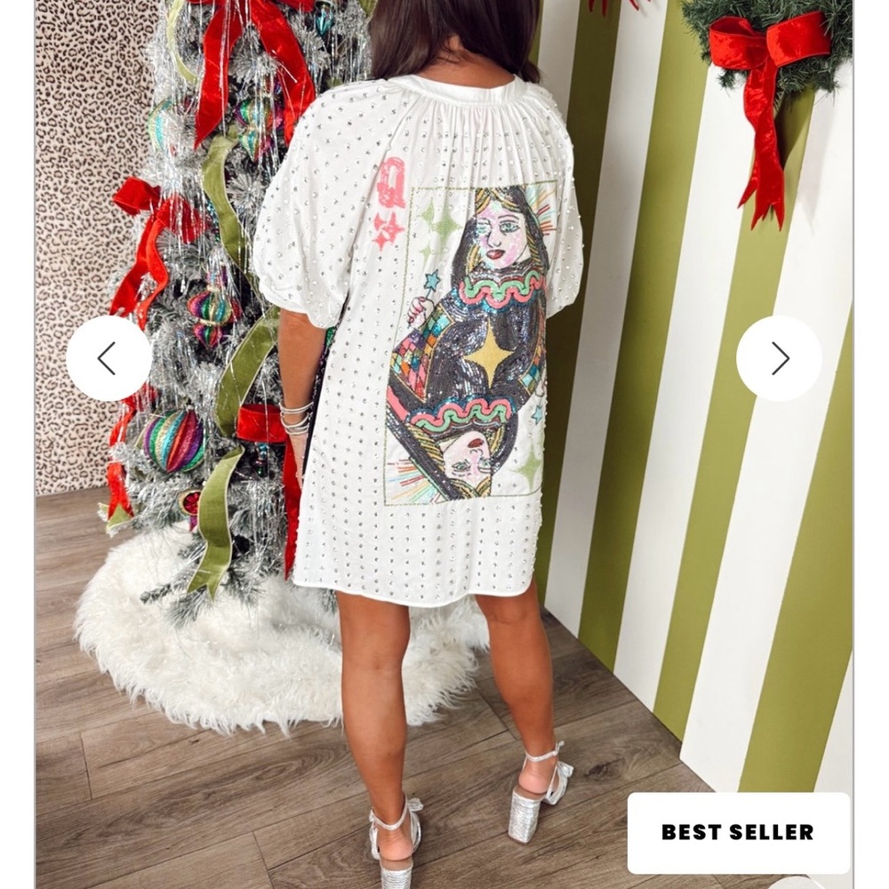 QUEEN OF SPARKLES White Dress with Colorful Playing Card Design